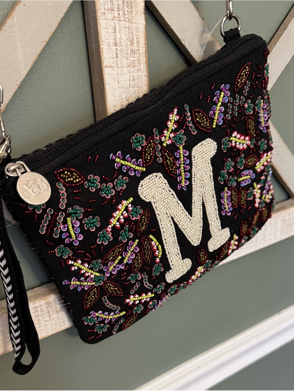 Embroidered Black Crossbody with Wristlet Option with Cream 'M' Monogram